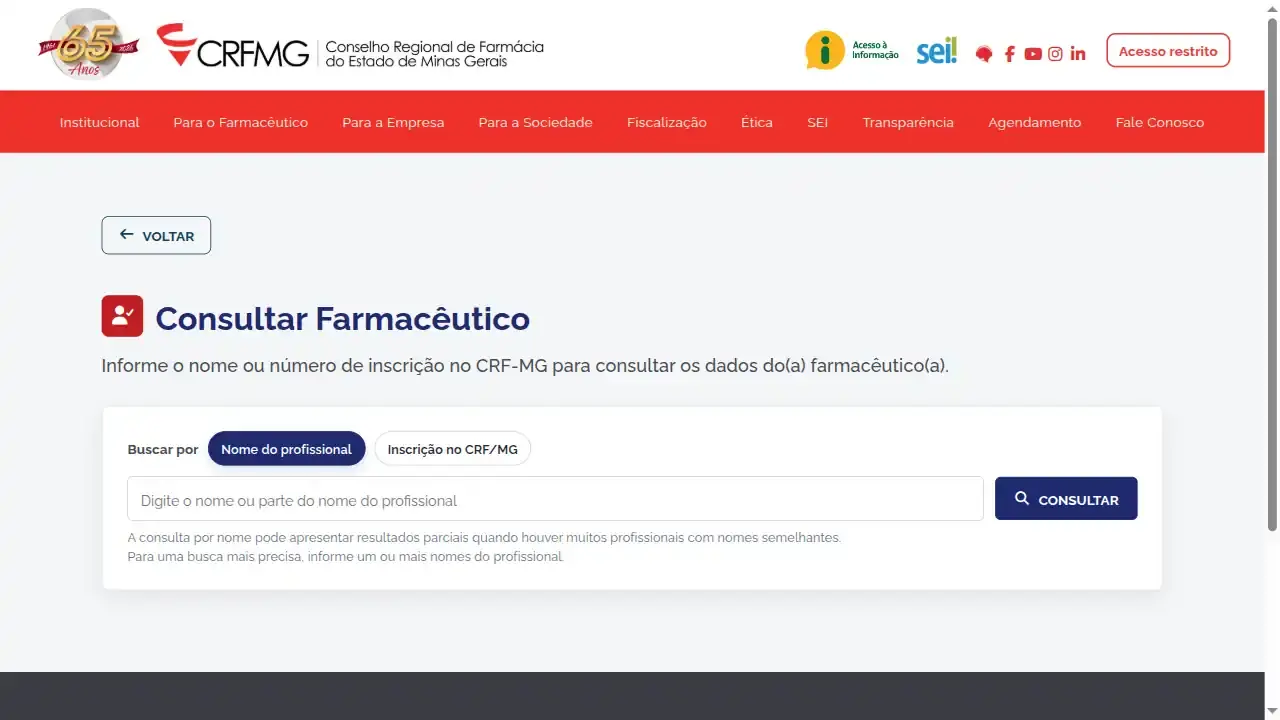 Conselho Regional de Farmácia / MG / Cadastro