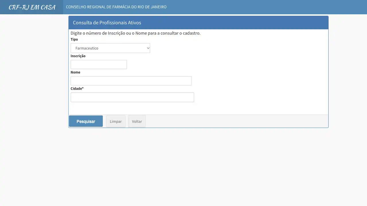 Captura do portal automatizado pela API Conselho Regional de Farmácia / RJ / Cadastro