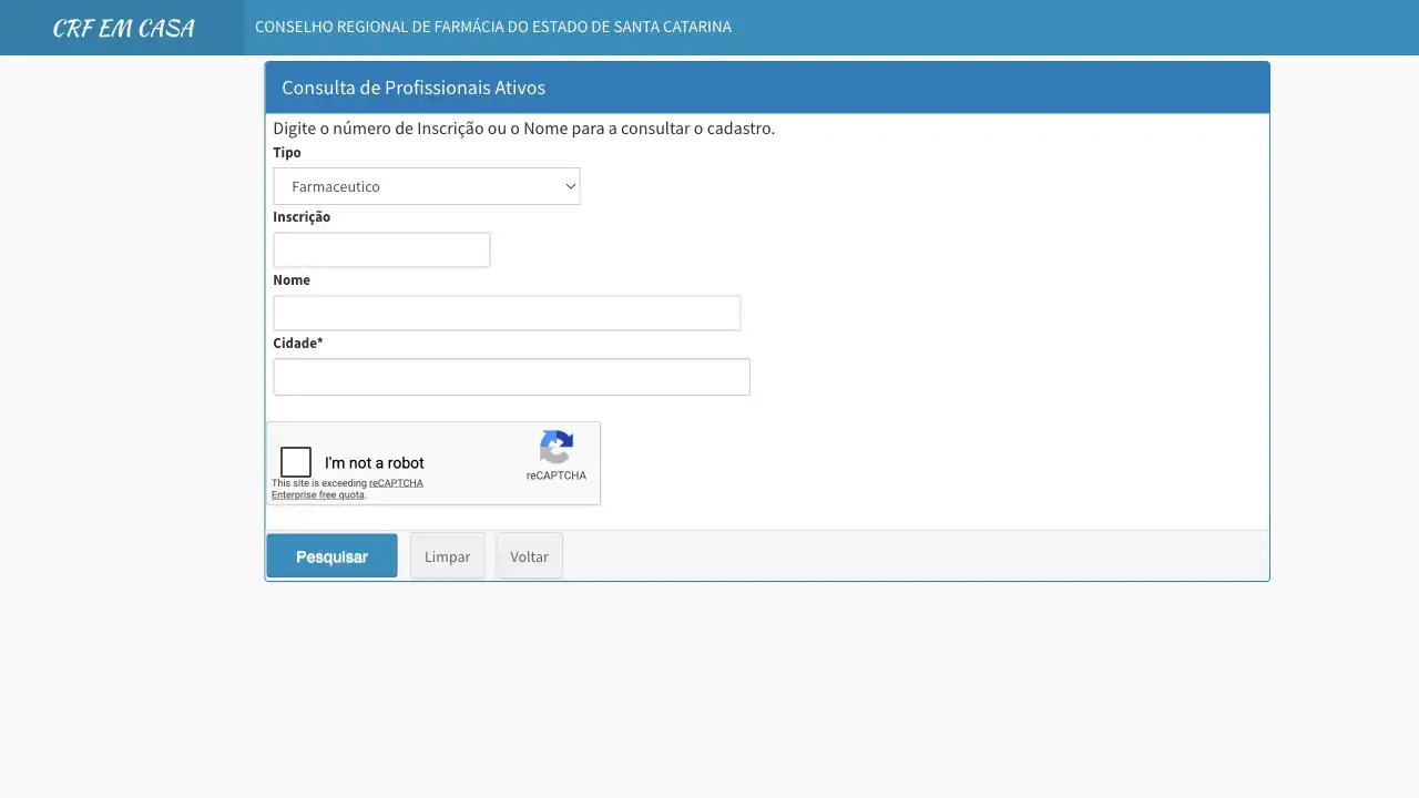 Conselho Regional de Farmácia / SC / Cadastro