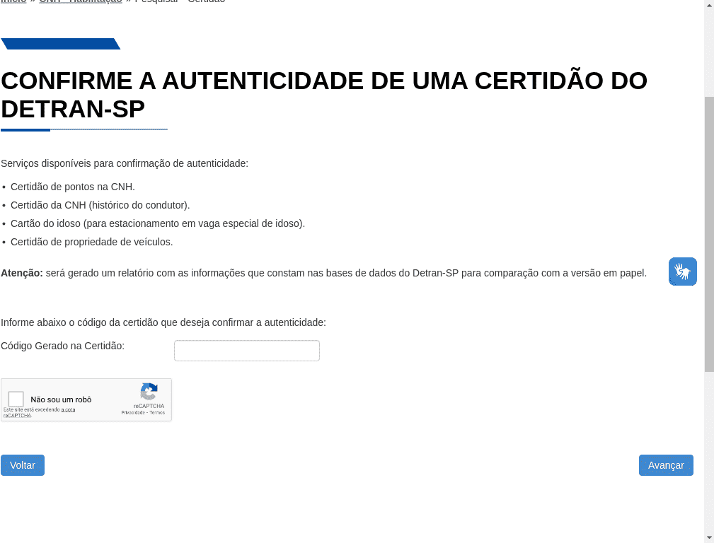 DETRAN / SP / Autenticidade de Certidão