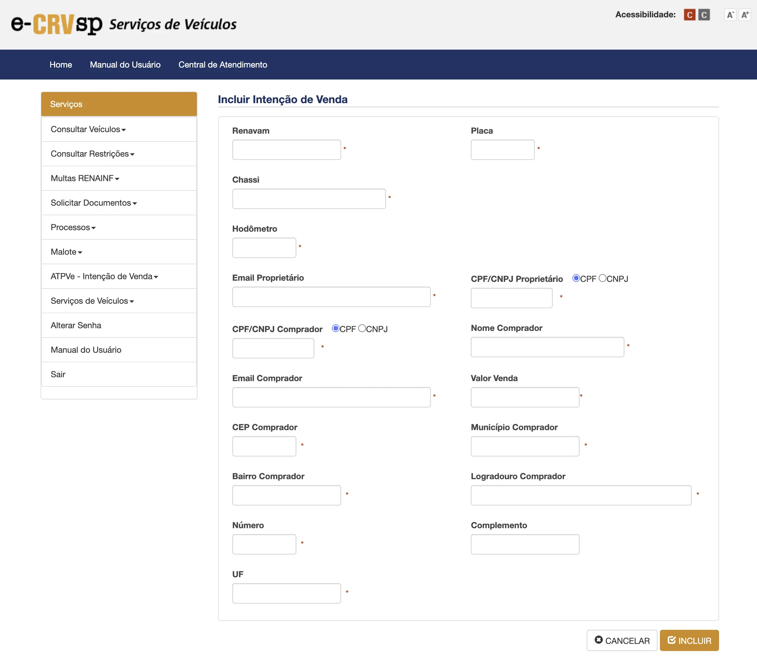 ECRVSP / ATPV (Intenção de Venda) / Incluir