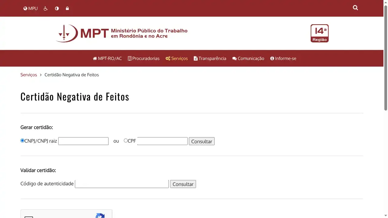 MPT / AC e RO / Certidão Negativa de Feitos