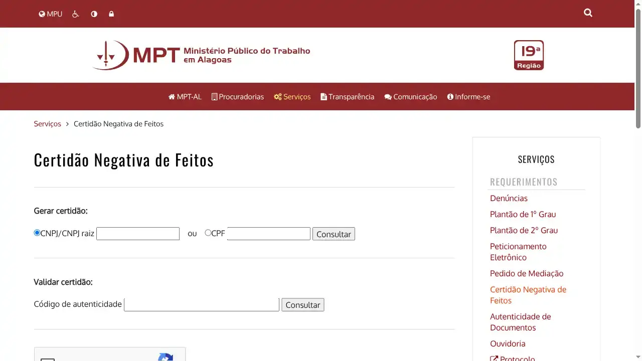 MPT / AL / Certidão Negativa de Feitos