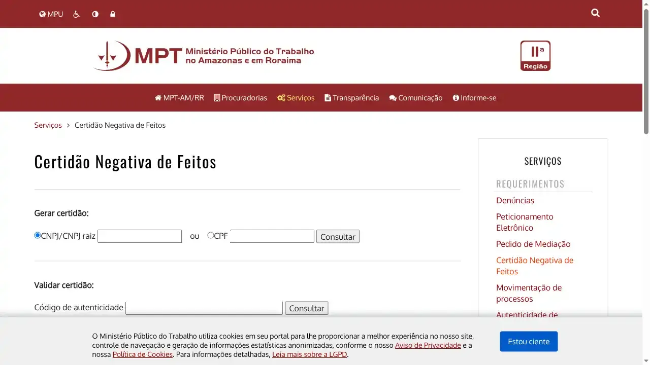 MPT / AM e RR / Certidão Negativa de Feitos