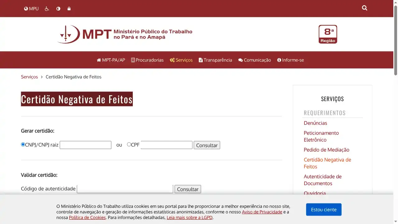 MPT / AP e PA / Certidão Negativa de Feitos