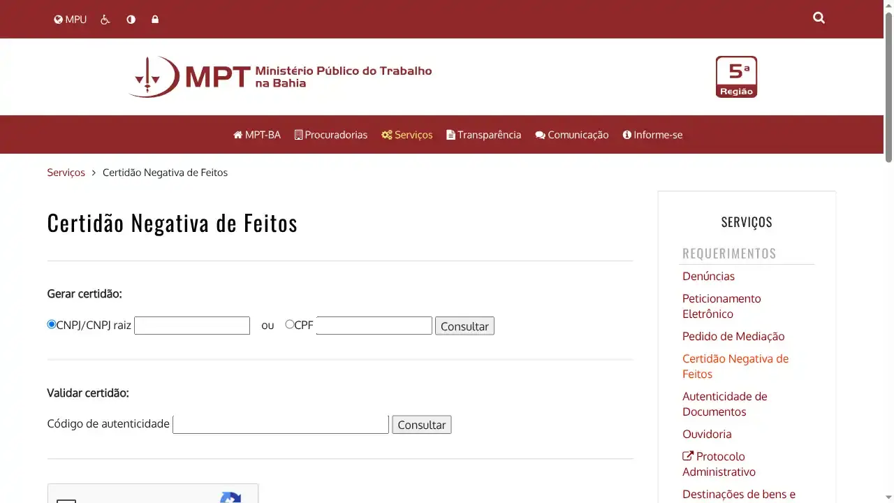 MPT / BA / Certidão Negativa de Feitos