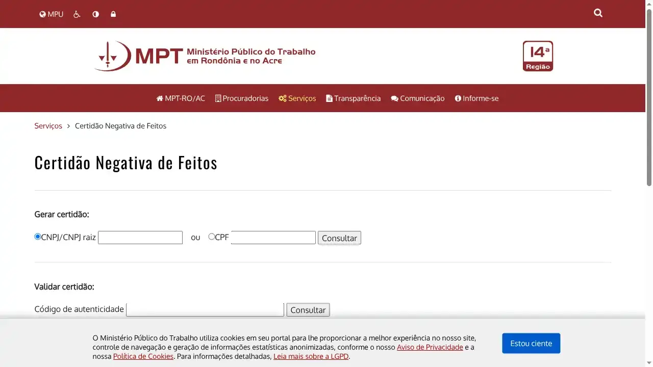 MPT / Unificada / Certidão Negativa de Feitos