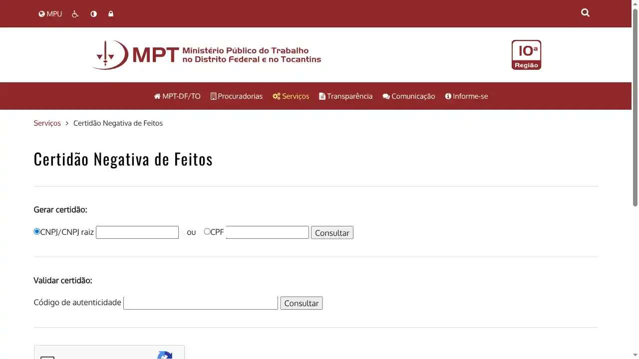 MPT / DF e TO / Certidão Negativa de Feitos