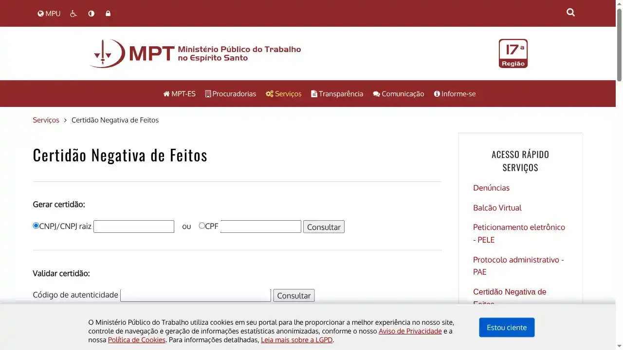 MPT / ES / Certidão Negativa de Feitos