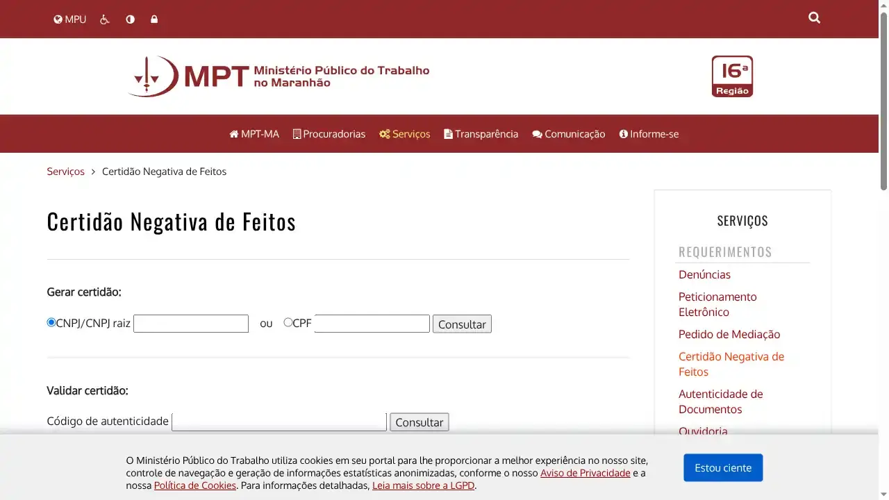 MPT / MA / Certidão Negativa de Feitos