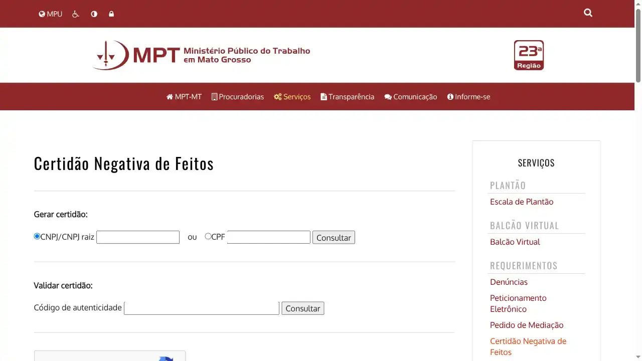 MPT / MT / Certidão Negativa de Feitos