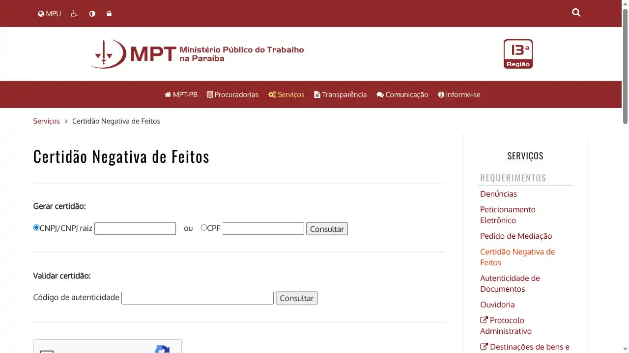 MPT / PB / Certidão Negativa de Feitos