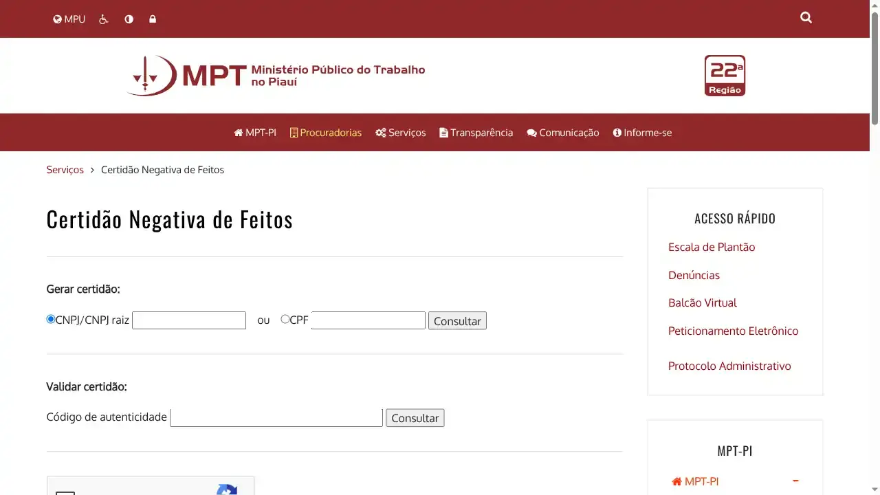 MPT / PI / Certidão Negativa de Feitos