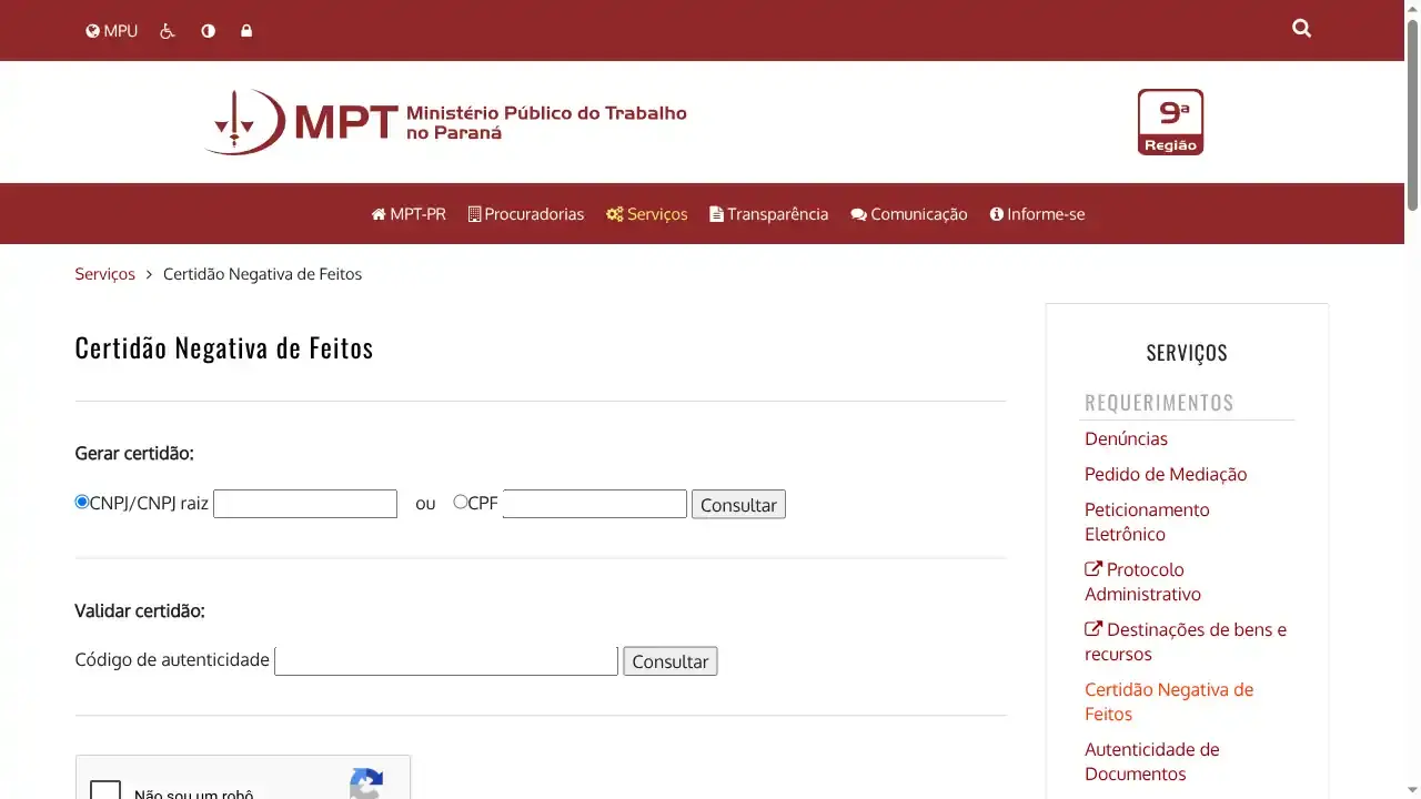 MPT / PR / Certidão Negativa de Feitos