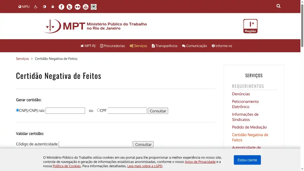 MPT / RJ / Certidão Negativa de Feitos