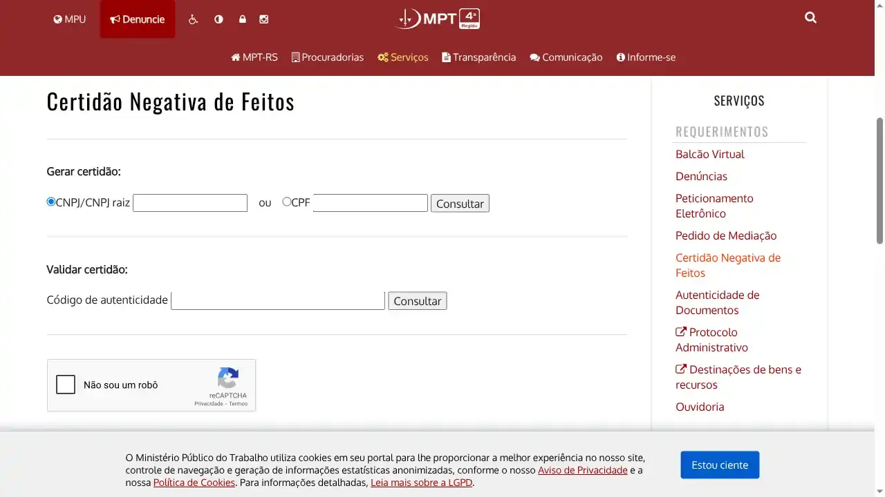 MPT / RS / Certidão Negativa de Feitos