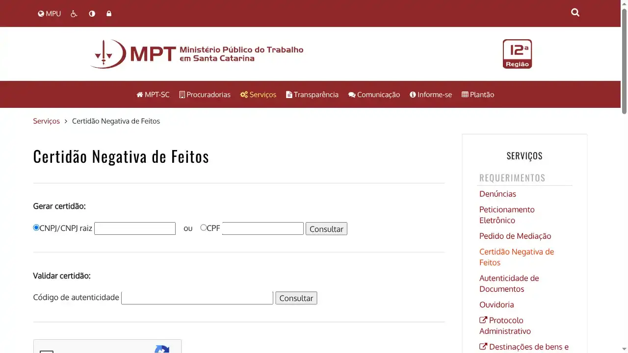 MPT / SC / Certidão Negativa de Feitos