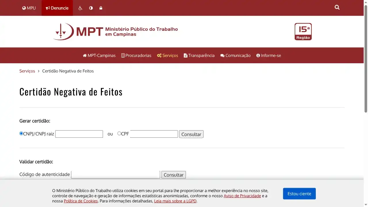 MPT / SP / Campinas / Certidão Negativa de Feitos