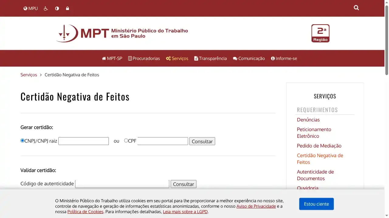 MPT / SP / Certidão Negativa de Feitos