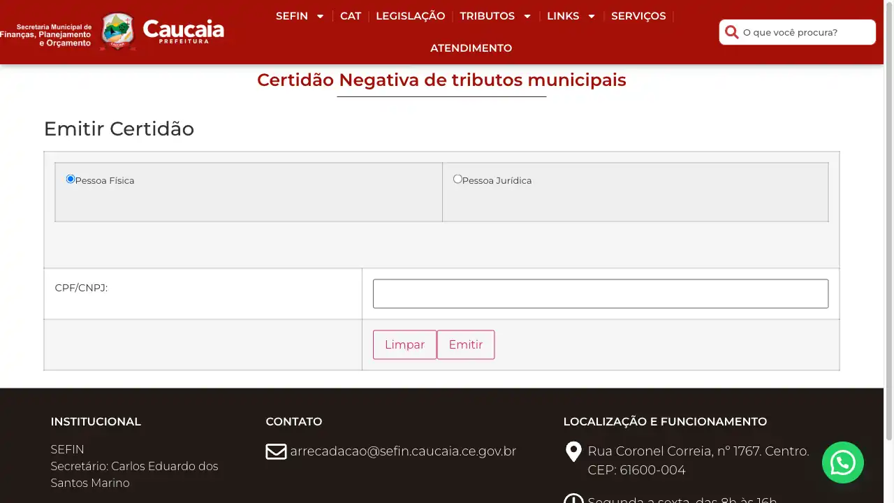 Prefeitura / CE / Caucaia / Certidão Negativa de Débitos