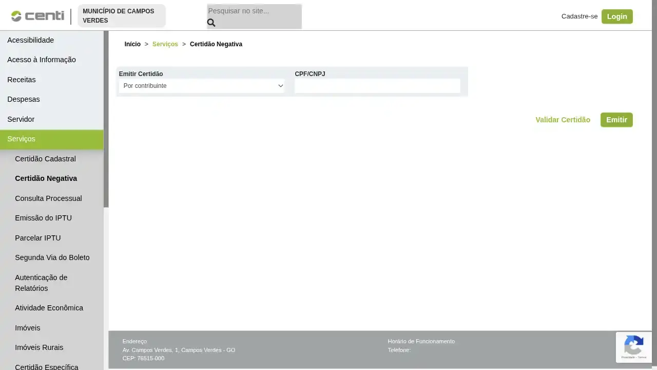 Prefeitura / GO / Campos Verdes / Certidão Negativa de Débitos