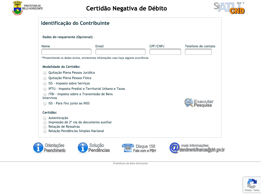 Prefeitura / MG / Belo Horizonte / Certidão Negativa de Débitos (IPTU)