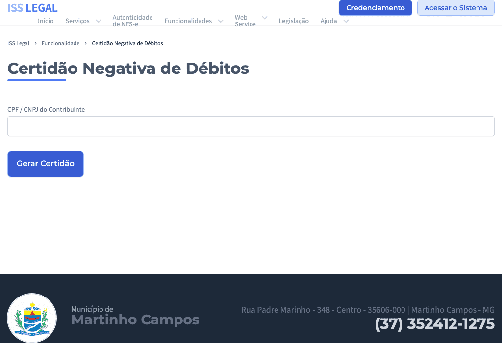 Prefeitura / MG / Martinho Campos / Certidão Negativa de Débitos