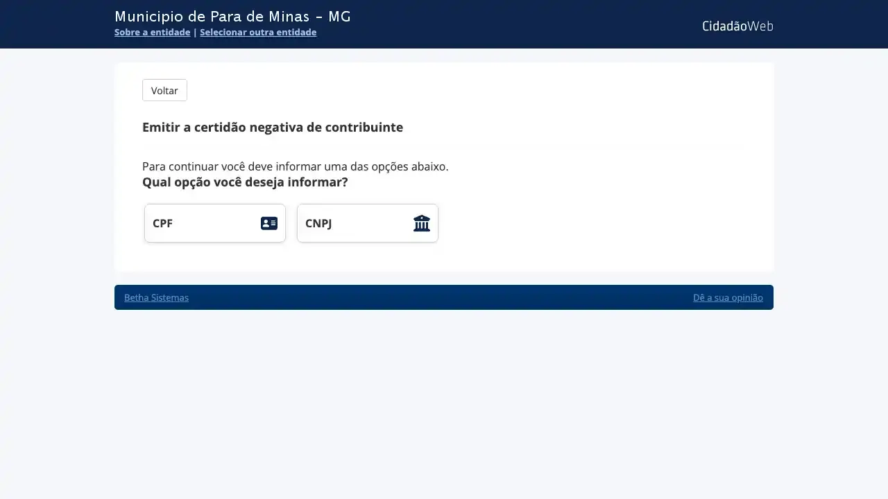 Prefeitura / MG / Pará de Minas / Certidão Negativa de Débitos