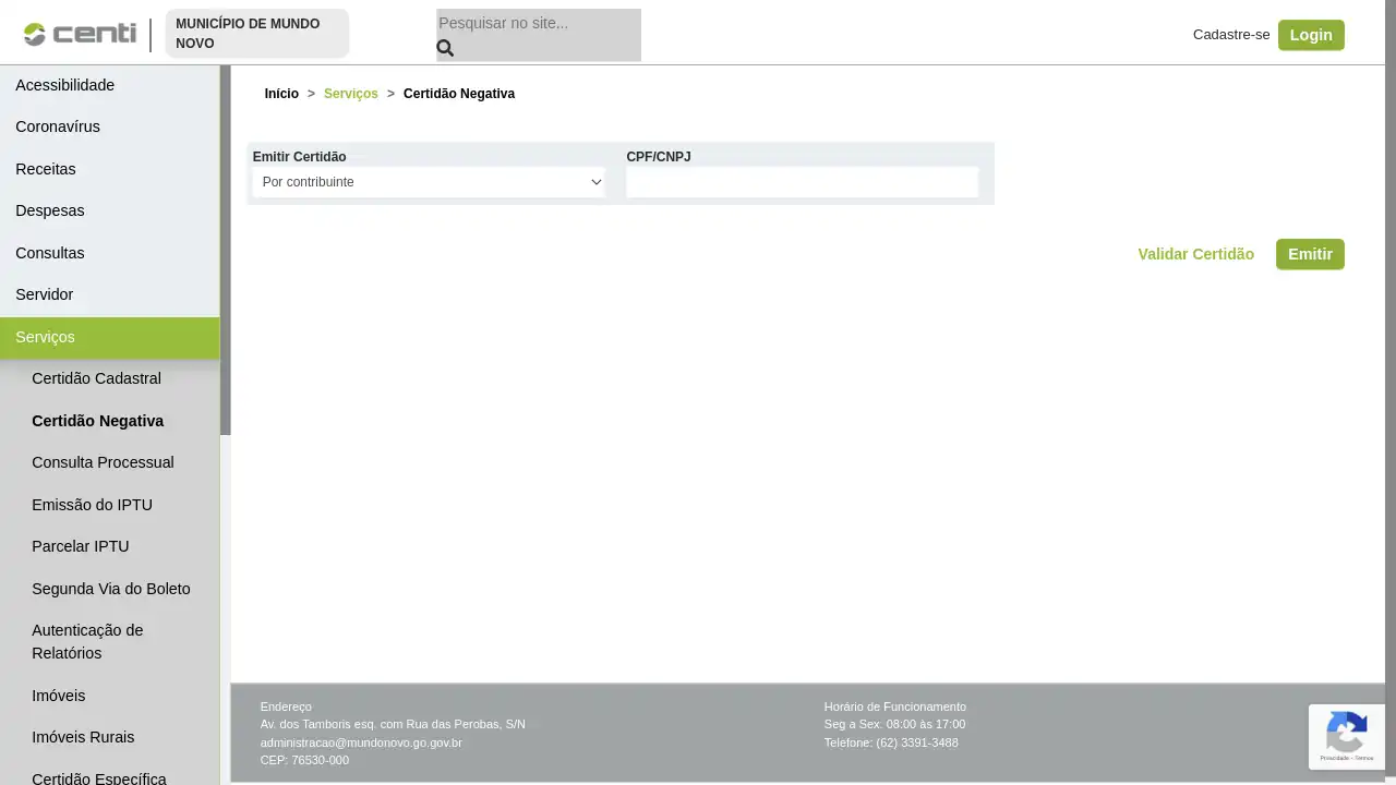 Prefeitura / MS / Mundo Novo / Certidão Negativa de Débitos