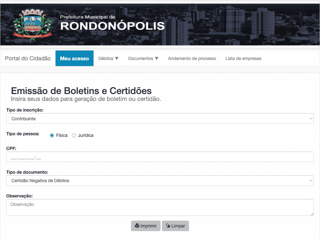 Prefeitura / MT / Rondonópolis / Certidão Negativa de Débitos