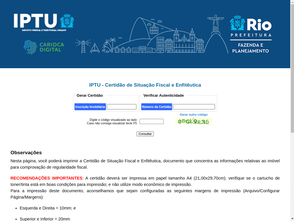 Prefeitura / RJ / Rio de Janeiro / Certidão Tributária de IPTU