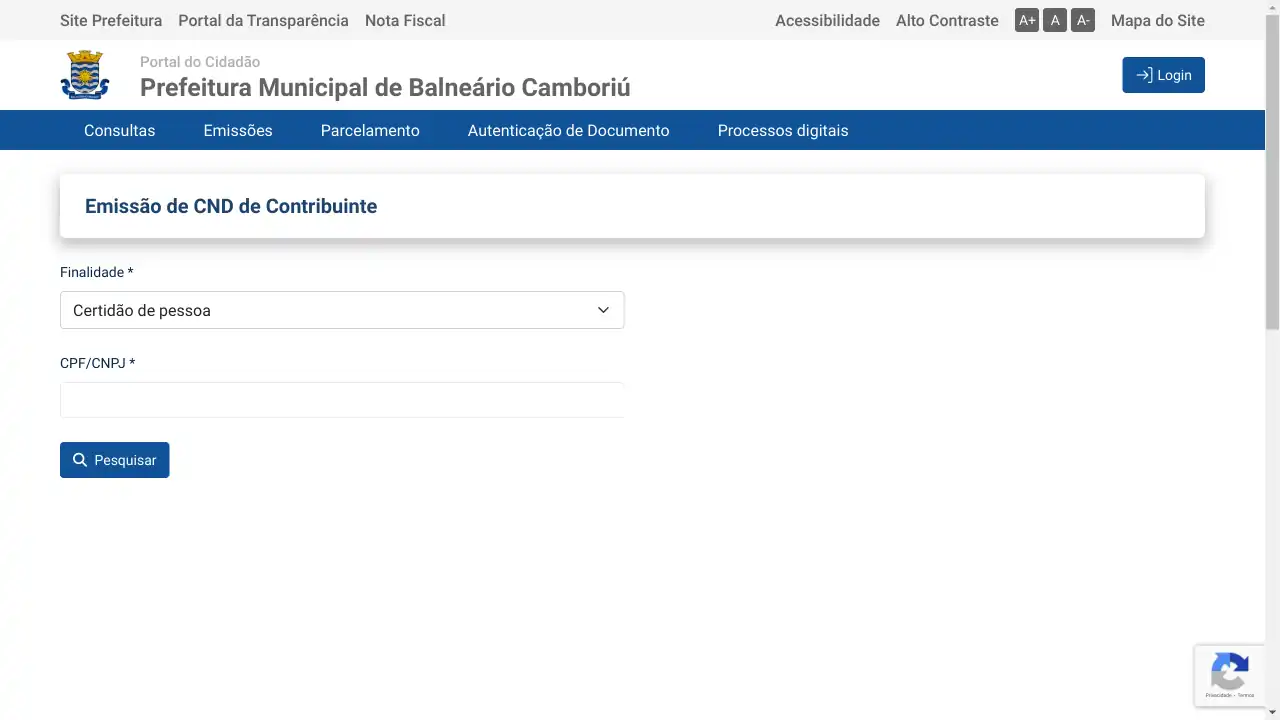 Prefeitura / SC / Balneário Camboriú / Certidão Negativa de Débitos