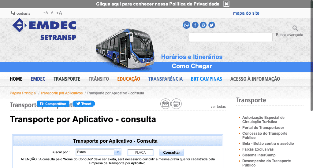 Prefeitura / SP / Campinas / Regularidade OTTC (Operadoras de Tecnologia de Transporte Credenciado)