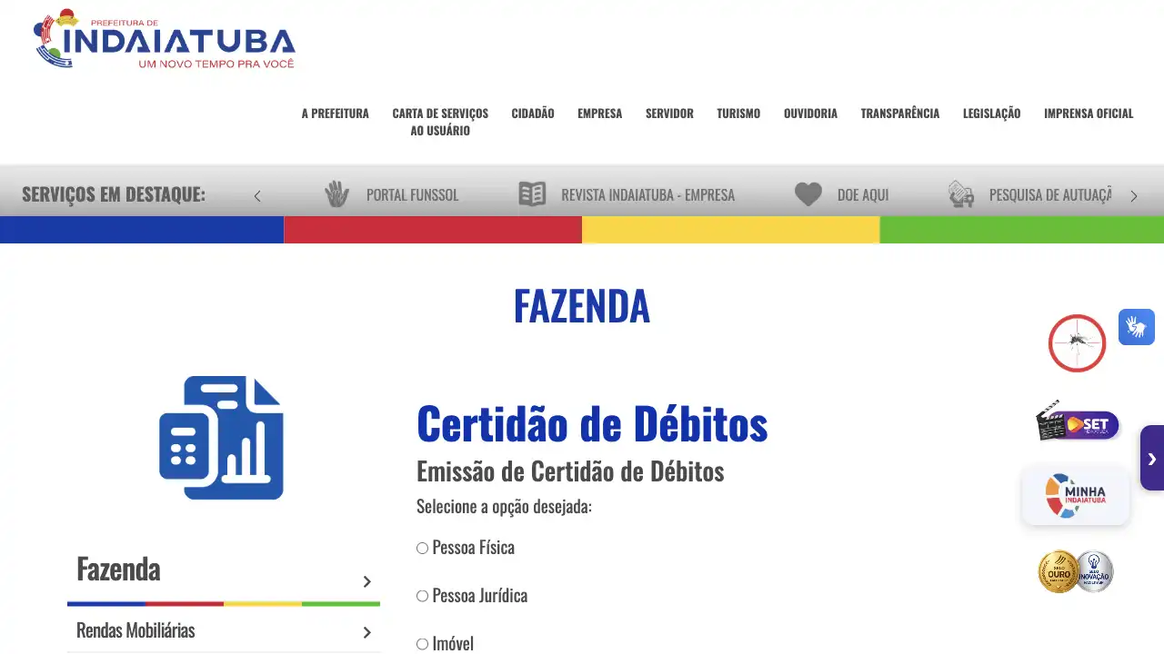 Captura do portal automatizado pela API Prefeitura / SP / Indaiatuba / Certidão Negativa de Débitos