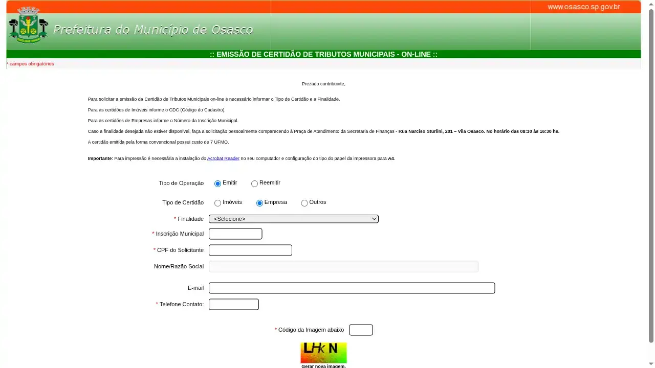 Prefeitura / SP / Osasco / Certidão de Tributos de Empresa