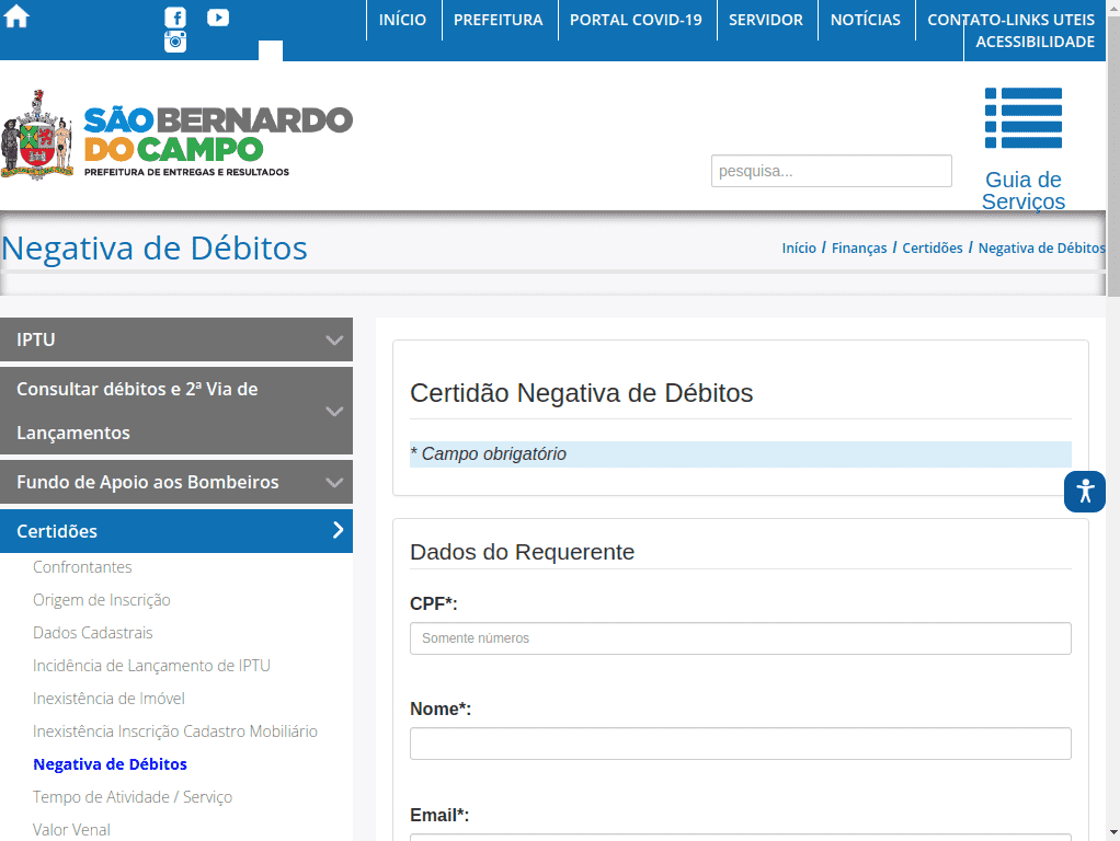 Prefeitura / SP / São Bernardo do Campo / Certidão Negativa de Débitos