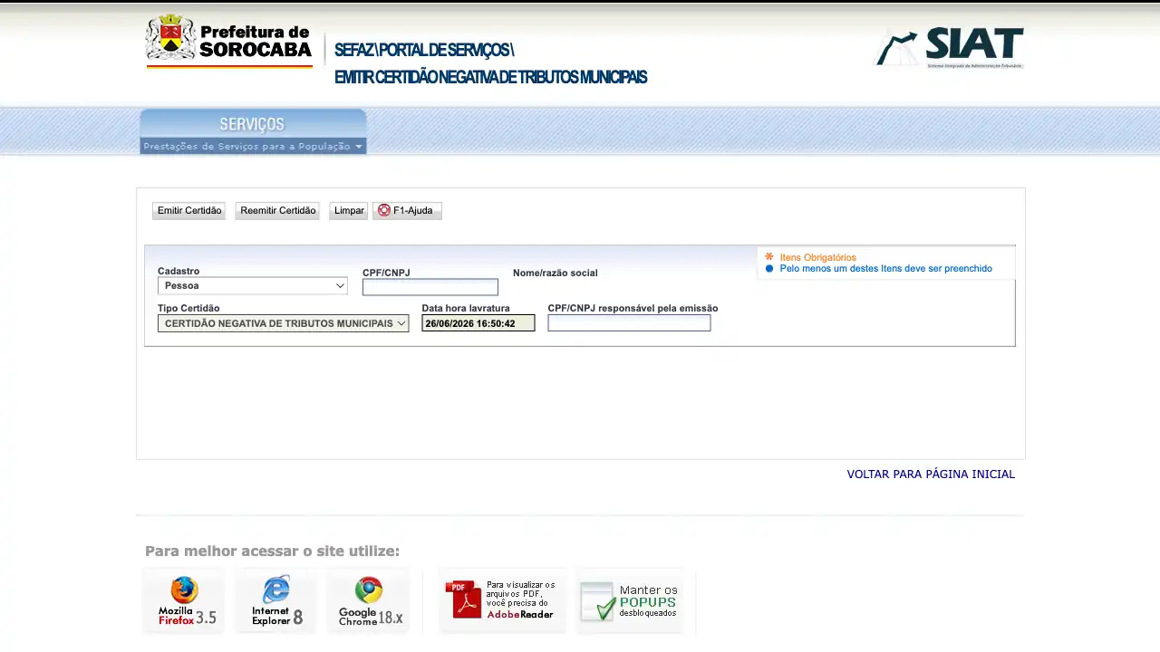 Prefeitura / SP / Sorocaba / Certidão Negativa de Débitos