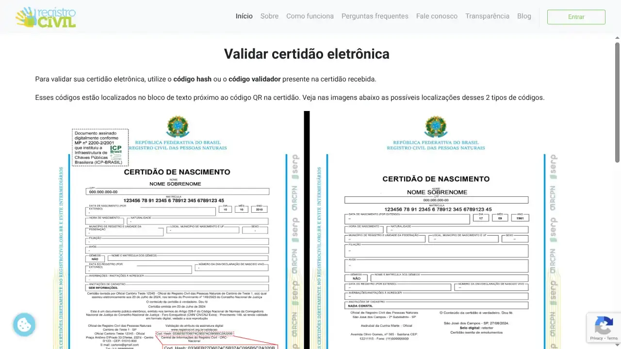 Registro Civil / Validar Certidão Eletrônica