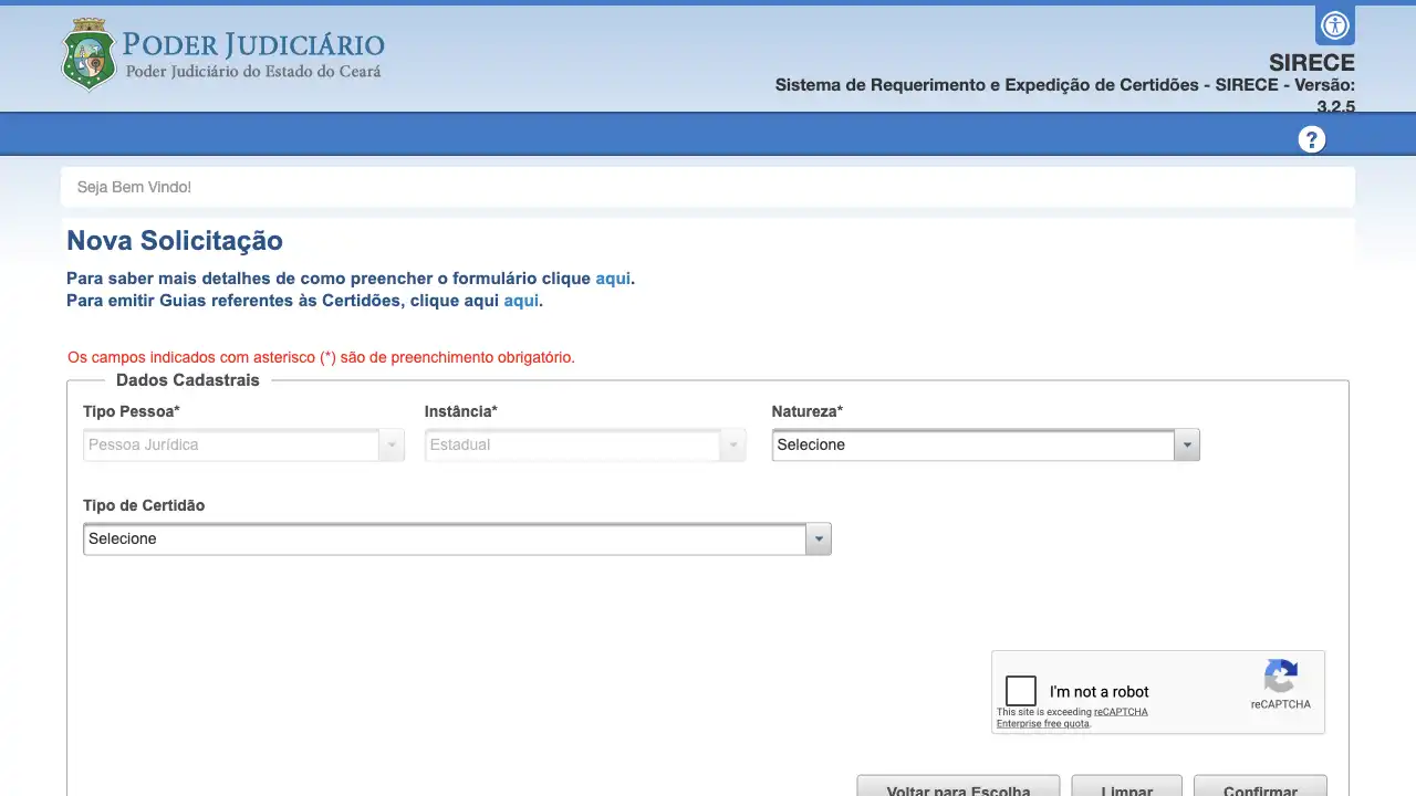 Captura do portal automatizado pela API Tribunal / TJCE / Cadastro de Pedido de Certidão