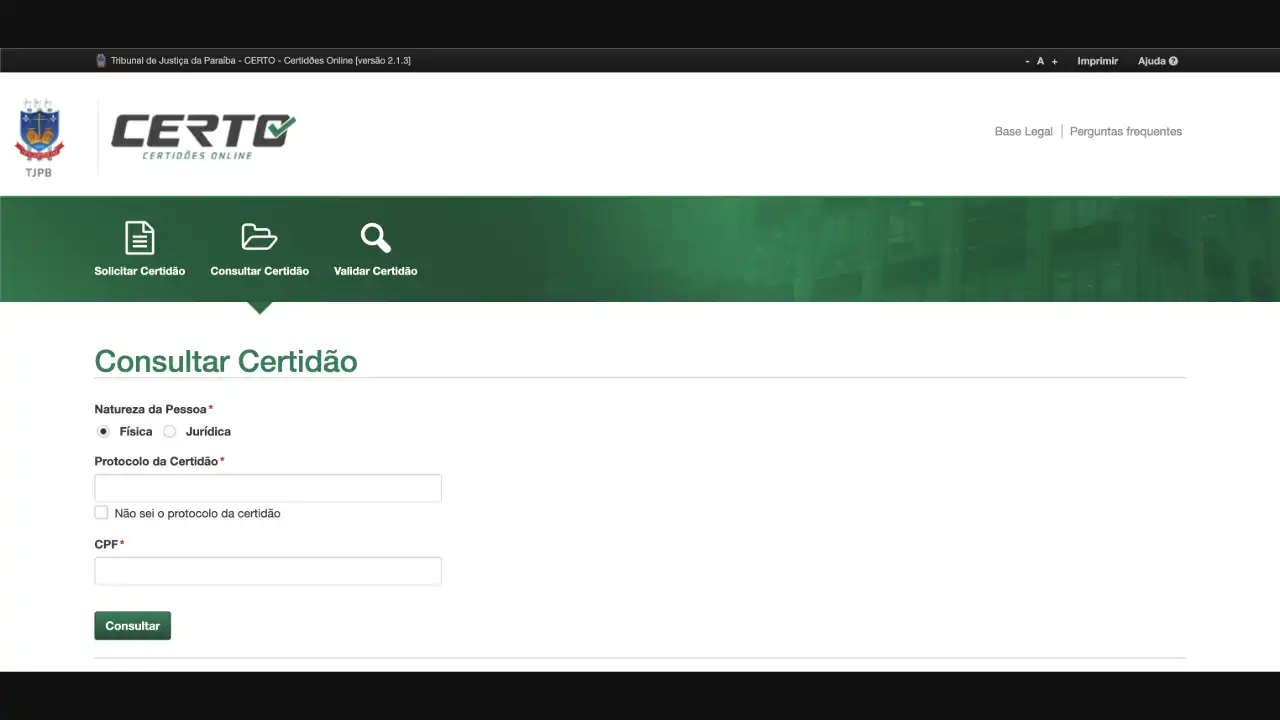 Captura do portal automatizado pela API Tribunal / TJPB / Visualizar Certidão