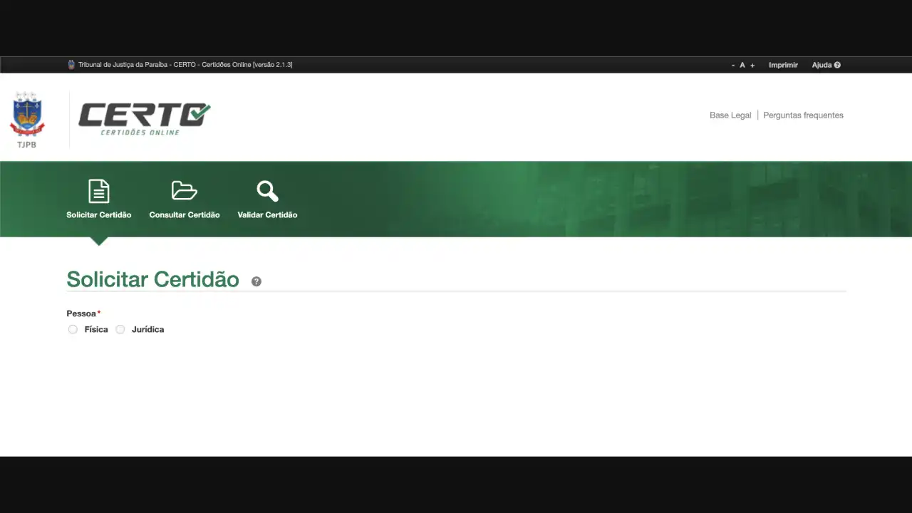 Captura do portal automatizado pela API Tribunal / TJPB / Solicitar Certidão