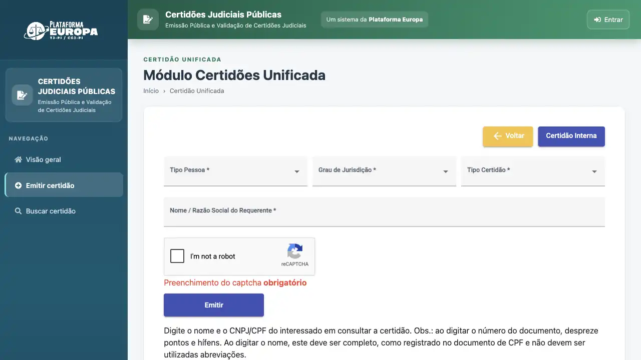 Captura do portal automatizado pela API Tribunal / TJPI / Certidão Negativa
