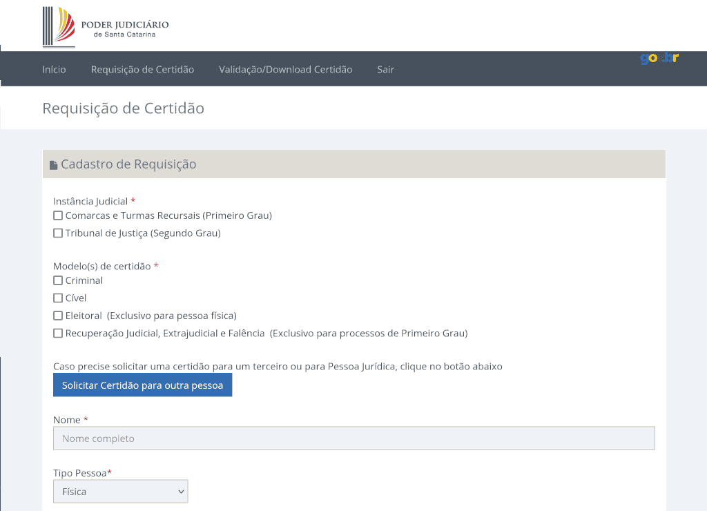 Tribunal / TJSC / Pedido de Certidão