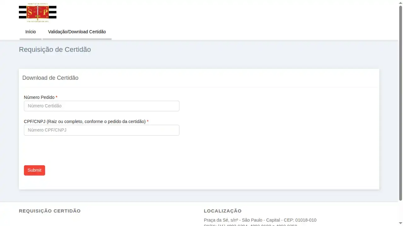 Tribunal / TJSP / Download da Certidão de 1º Grau