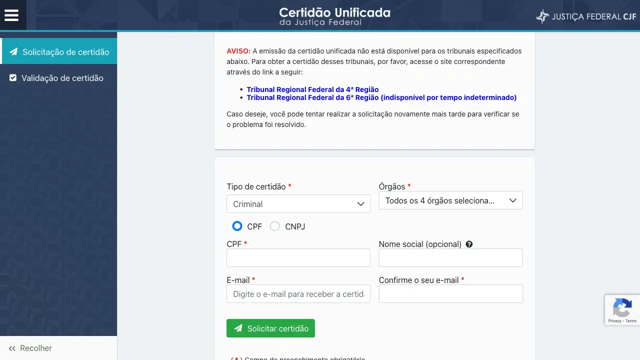 Tribunal / TRF / Certidão Unificada da Justiça Federal