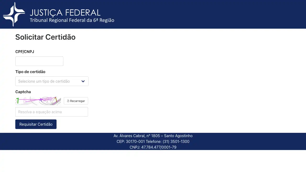Captura do portal automatizado pela API Tribunal / TRF6 / Certidão Judicial Cível, Criminal e Eleitoral