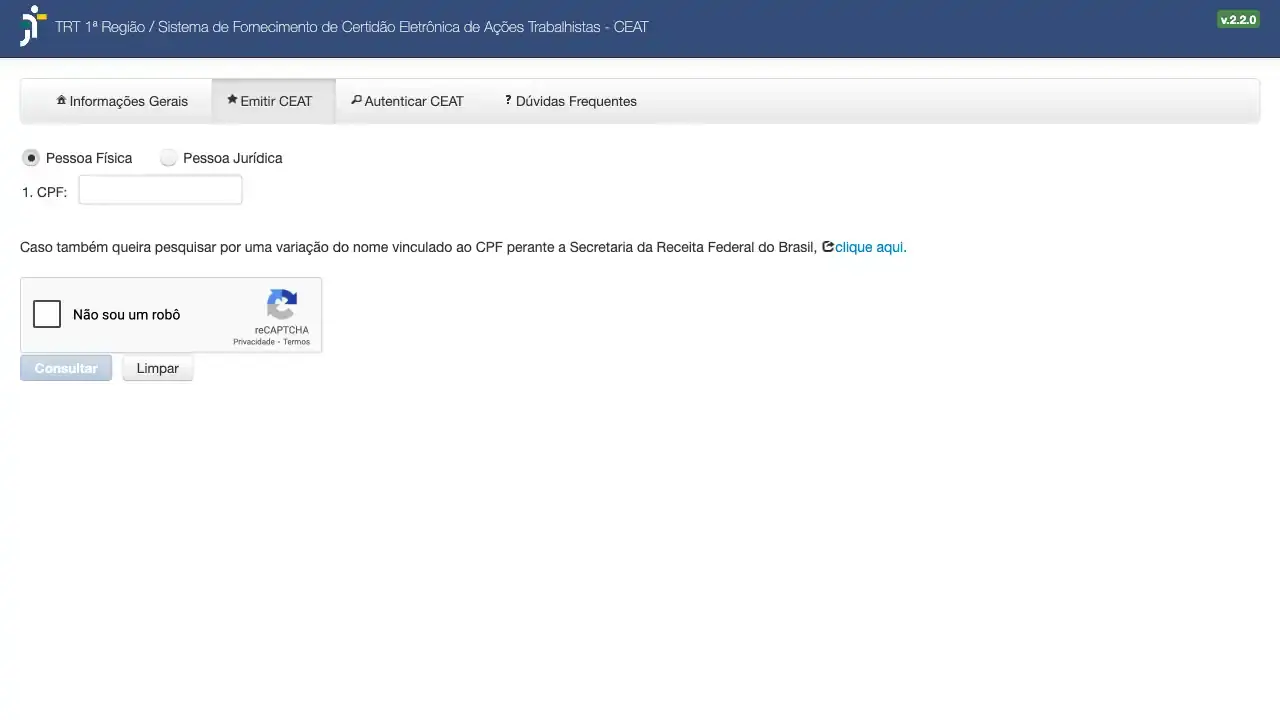 Tribunal / TRT1 / Certidão Eletrônica de Ações Trabalhistas (CEAT)