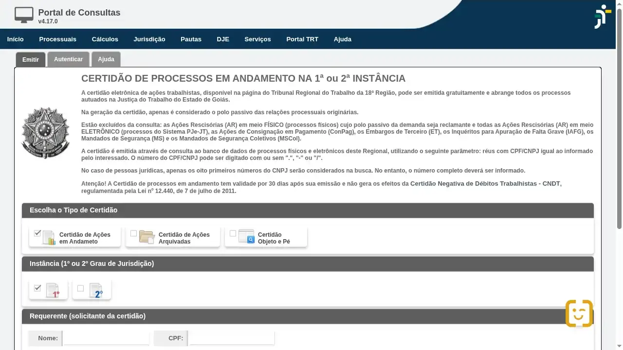 Tribunal / TRT18 / Certidão Eletrônica de Ações Trabalhistas (CEAT)