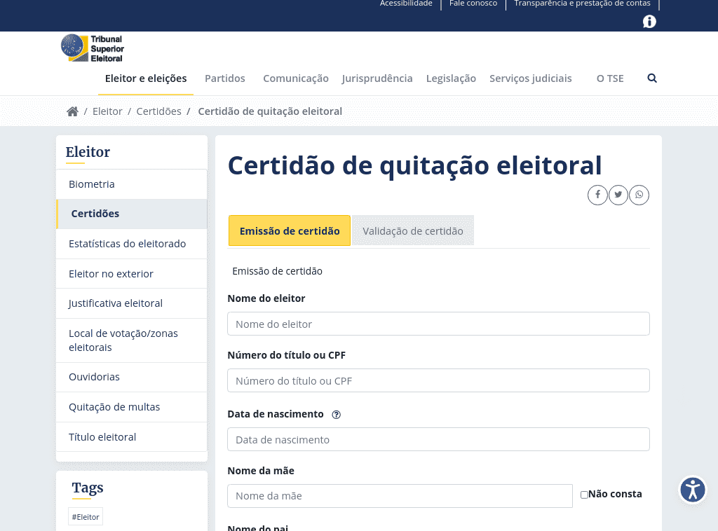 Tribunal / TSE / Certidão de Quitação Eleitoral